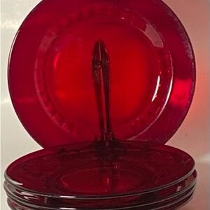 Set of 4 vintage HTF Viking Georgian Ruby red 8” glass salad /dessert plates